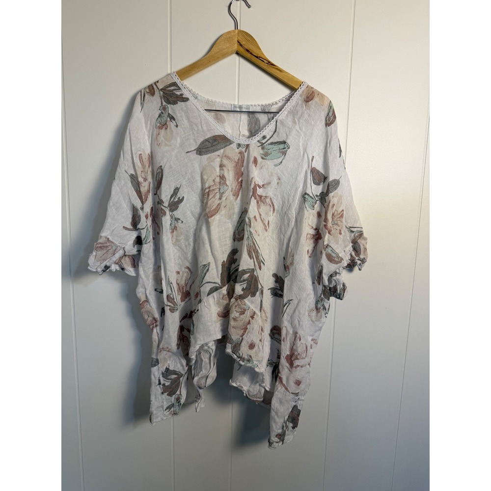 Lagenlook 100% Linen Made in Italy‎ Top OS White Floral Boho Trim Ruffle Blouse